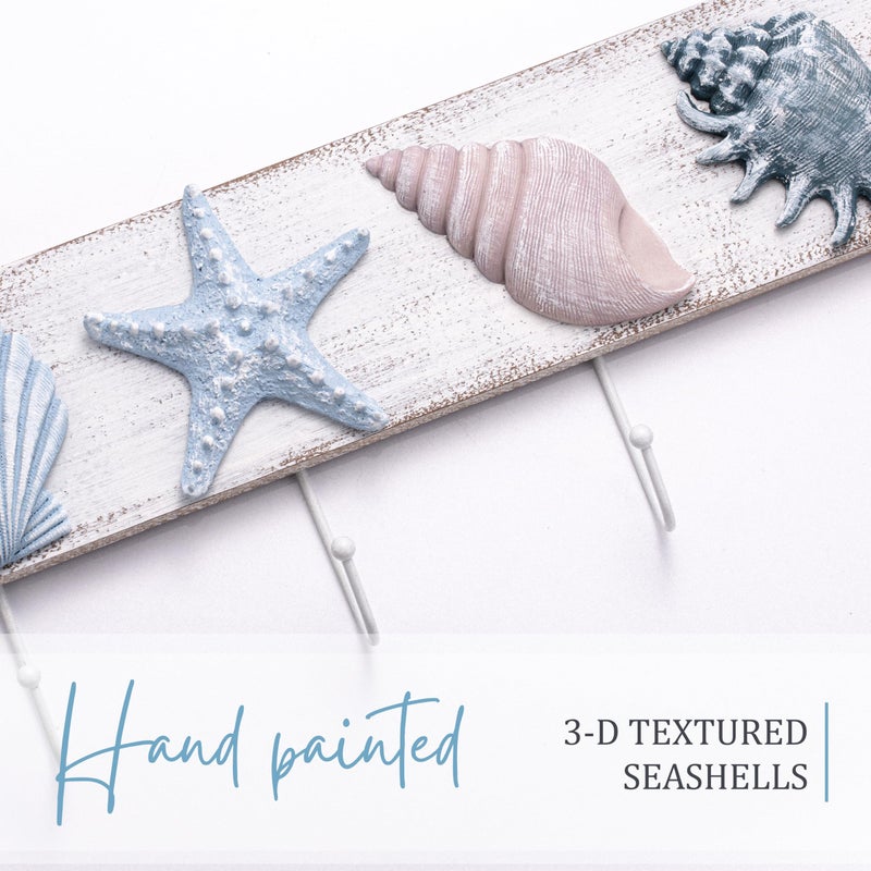 Tide and Tales TideAndTales Beach Decor Seashell Wall Hooks Towel Rack for Bathroom, Bedroom or Kitchen | 4 Strong Hooks | Ocean Theme Beach House Decor - Image 4